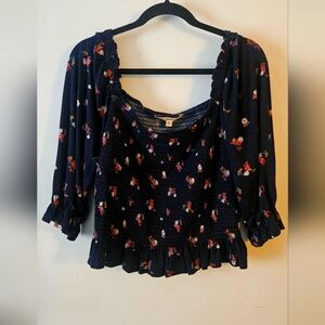 Rewind Black and Red Smocked Blouse with Ruffled Sleeves